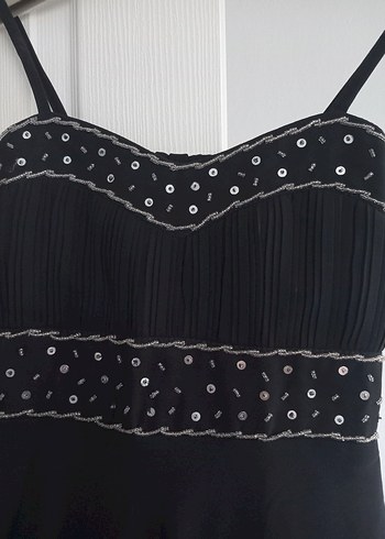 İnce Askılı Boncuk İşlemeli Siyah Midi Elbise - Görsel 3