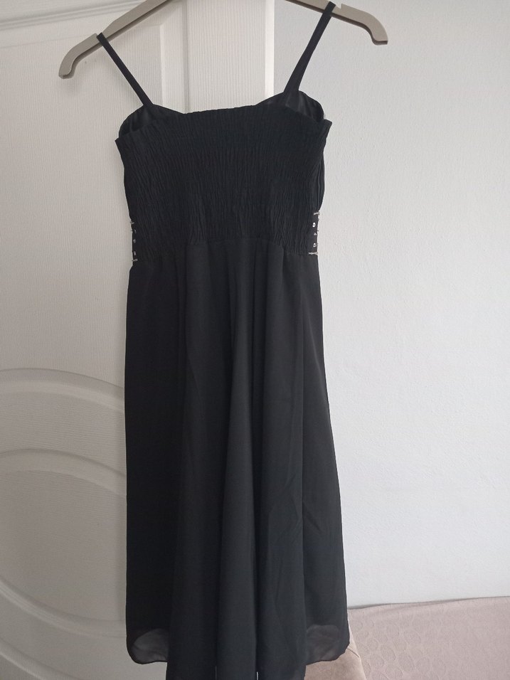 İnce Askılı Boncuk İşlemeli Siyah Midi Elbise - Görsel 2