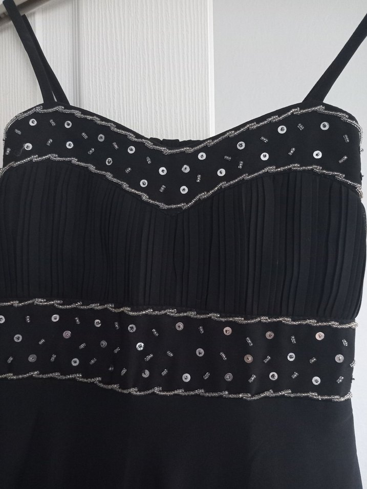 İnce Askılı Boncuk İşlemeli Siyah Midi Elbise - Görsel 3