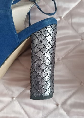 Mavi Süet Bağlamalı Kalın Topuklu Kadın Ayakkabı - Görsel 2