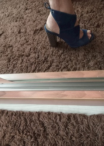 Mavi Süet Bağlamalı Kalın Topuklu Kadın Ayakkabı - Görsel 6