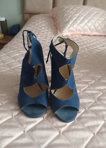 Mavi Süet Bağlamalı Kalın Topuklu Kadın Ayakkabı - Görsel 4