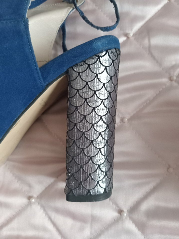 Mavi Süet Bağlamalı Kalın Topuklu Kadın Ayakkabı - Görsel 2