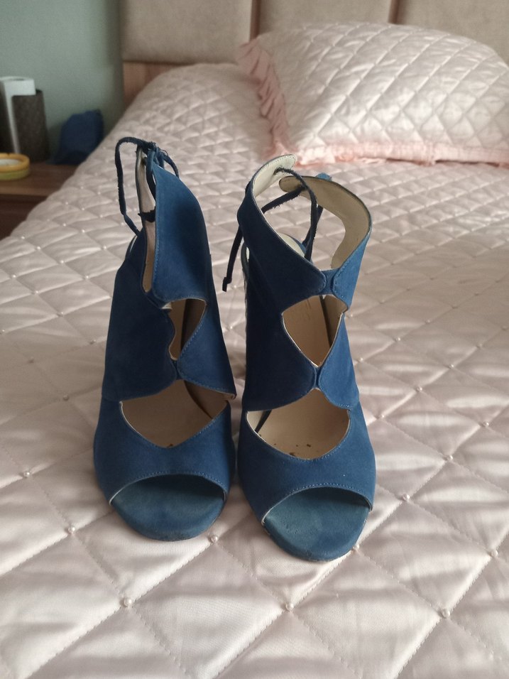 Mavi Süet Bağlamalı Kalın Topuklu Kadın Ayakkabı - Görsel 4