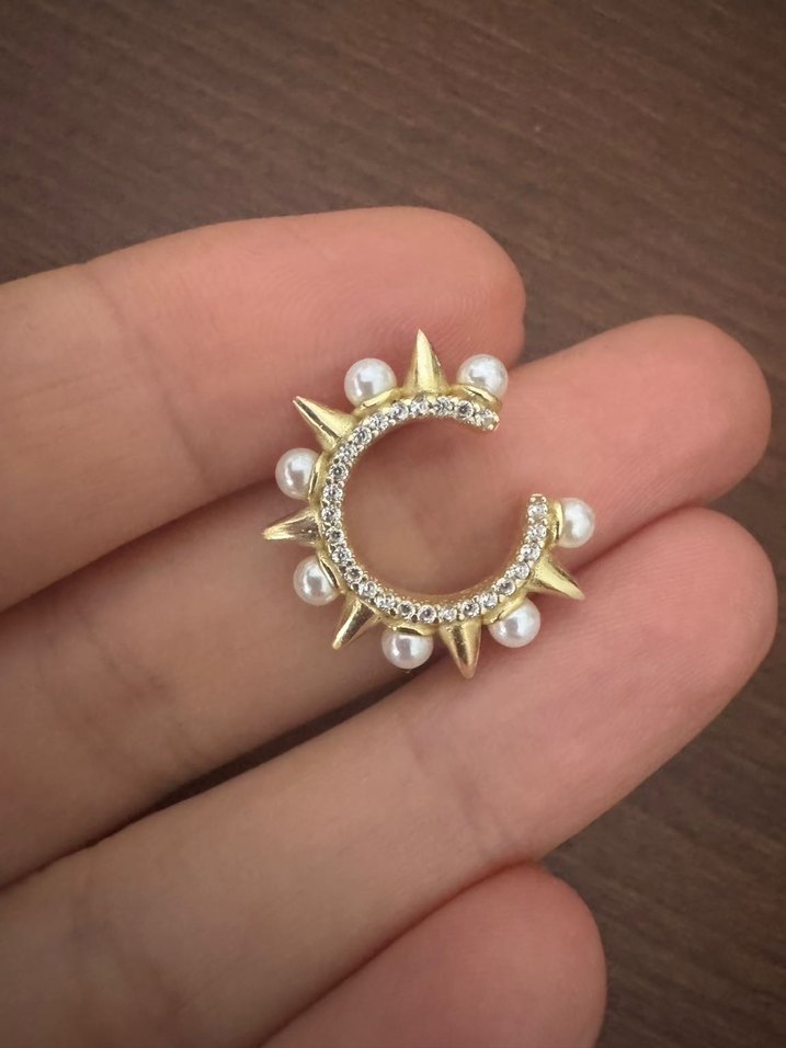 925 Ayar İncili Gold Ear Cuff - Görsel 3