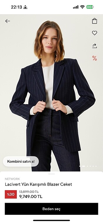 36 Beden lacivert Renk Network yün blazer ceket