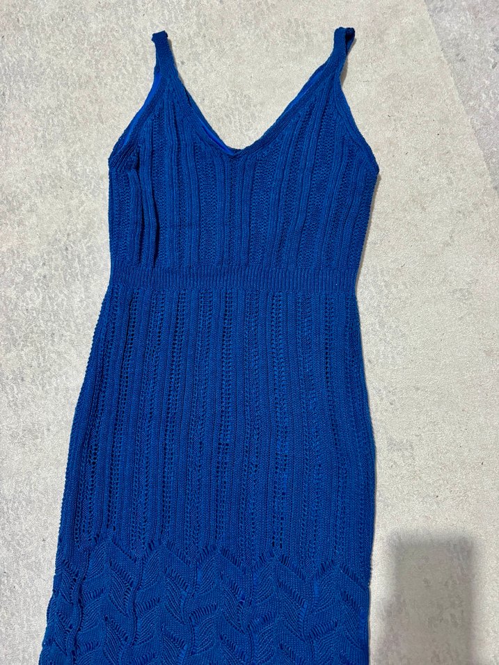 Mavi V Yakalı Örgü Kadın Elbise - Görsel 2