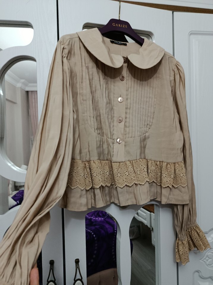 Bej Vintage Kadın Keten Gömlek - Görsel 2