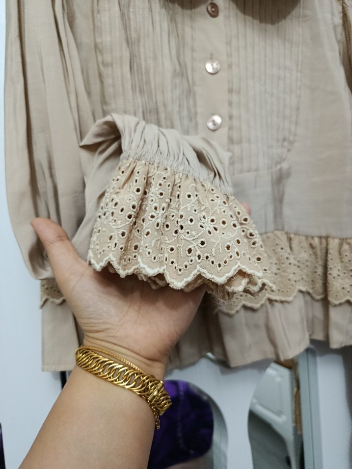 Bej Vintage Kadın Keten Gömlek - Görsel 5