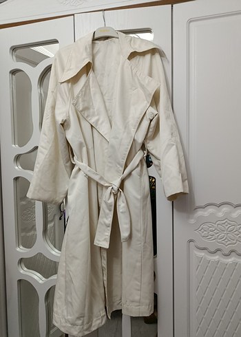 Beyaz Midi Keten Kadın Trençkot - Görsel 2