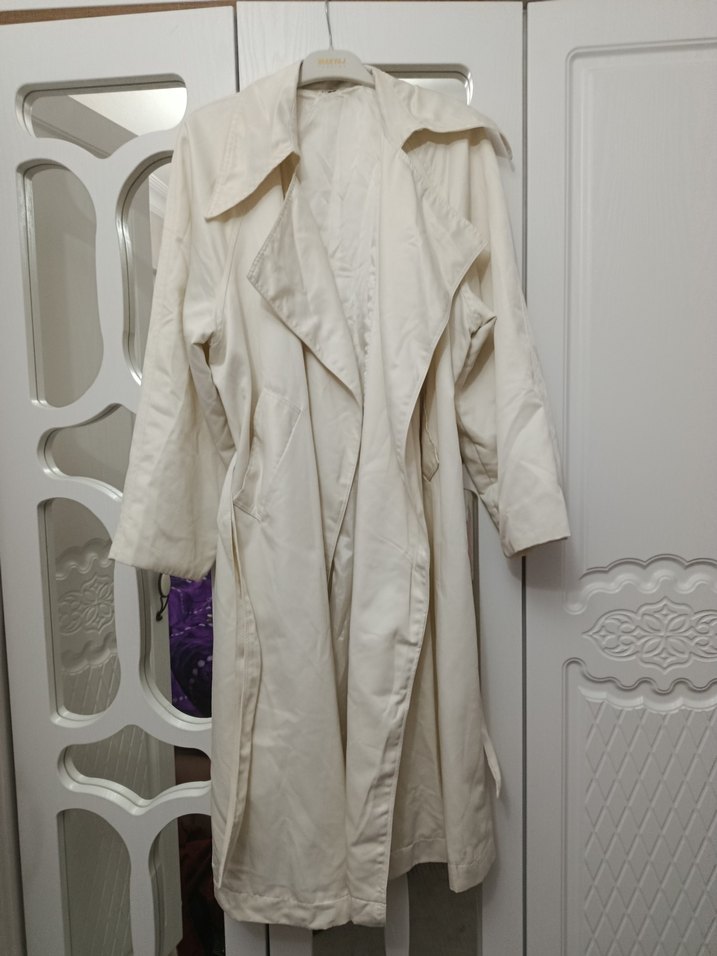 Beyaz Midi Keten Kadın Trençkot - Görsel 3