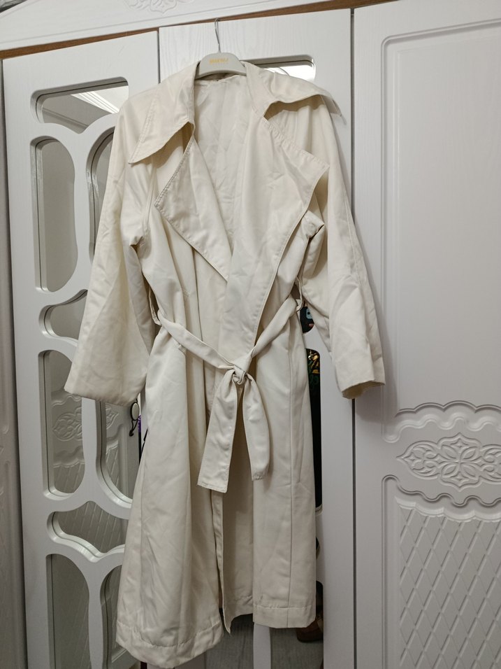 Beyaz Midi Keten Kadın Trençkot - Görsel 2