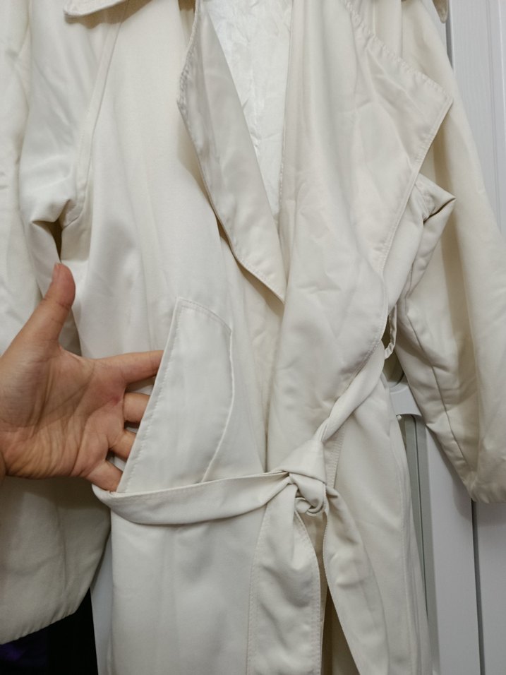 Beyaz Midi Keten Kadın Trençkot - Görsel 5