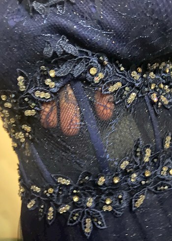 Drapeli Nakışlı Lacivert Uzun Kadın Abiye - Görsel 3