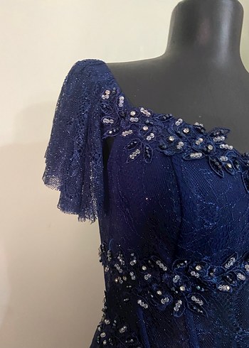 Drapeli Nakışlı Lacivert Uzun Kadın Abiye - Görsel 5