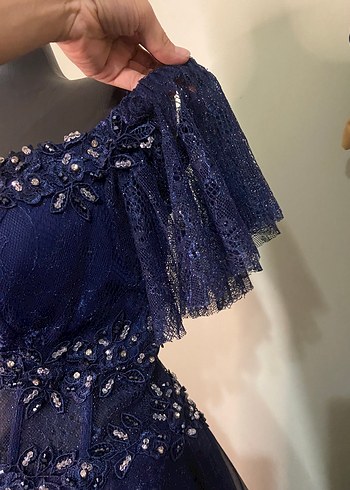 Drapeli Nakışlı Lacivert Uzun Kadın Abiye - Görsel 4