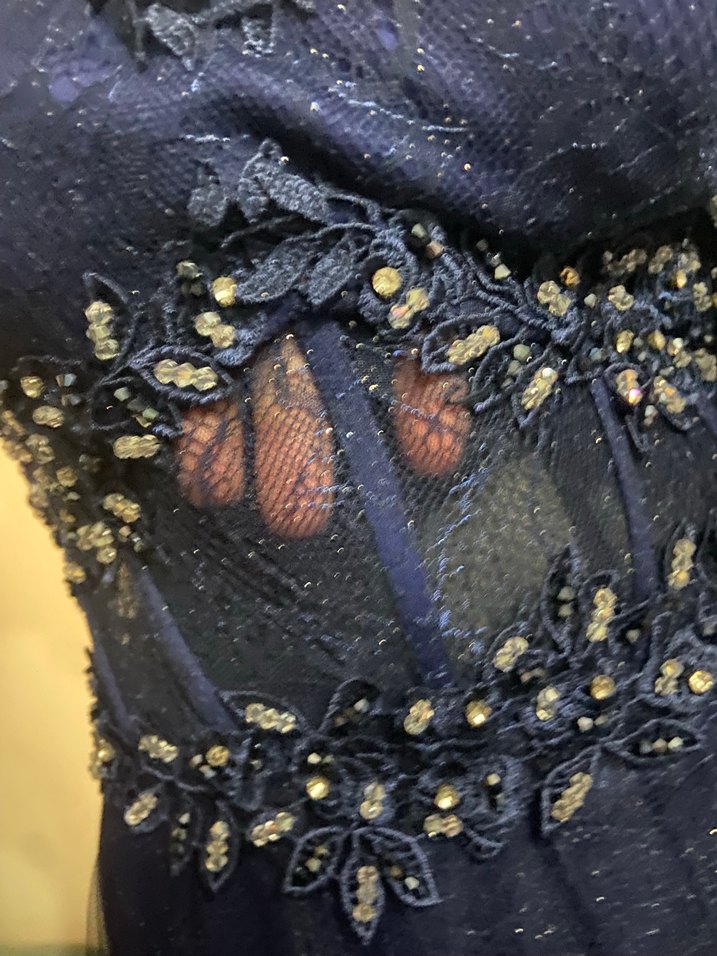 Drapeli Nakışlı Lacivert Uzun Kadın Abiye - Görsel 3