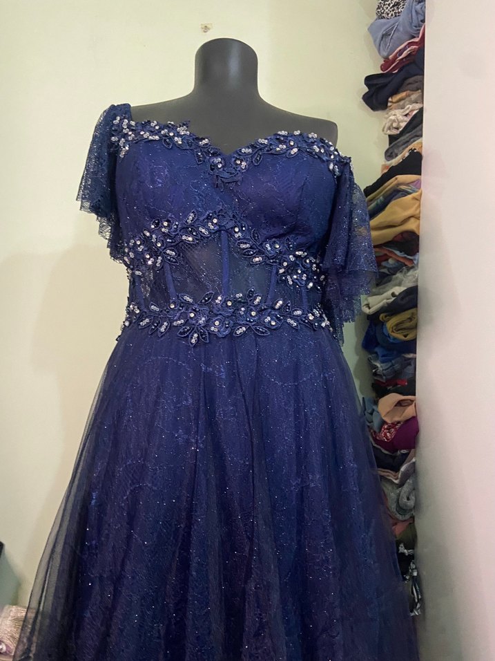 Drapeli Nakışlı Lacivert Uzun Kadın Abiye - Görsel 2