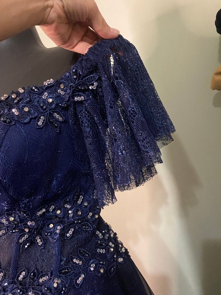 Drapeli Nakışlı Lacivert Uzun Kadın Abiye - Görsel 4