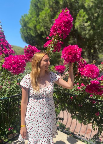 Dantel Detaylı Pembe Bağlama Desenli Midi Elbise