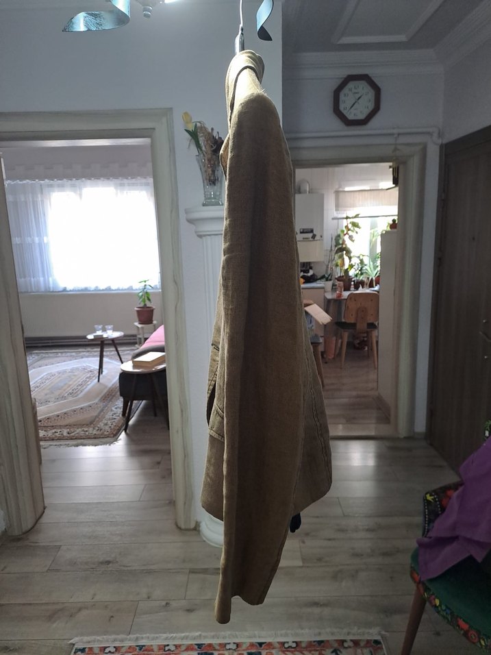 Düğmeli Keten Bej Nakışlı Kadın Blazer - Görsel 4