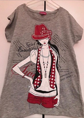 Kız Çocuk Gri Baskılı Düğmeli Tişört - Görsel 2