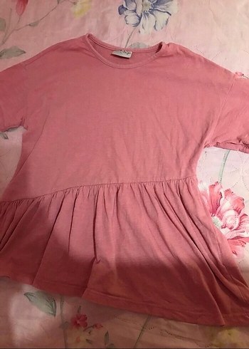 Kız Çocuk Pembe Keten Kısa Kollu Bluz - Görsel 2