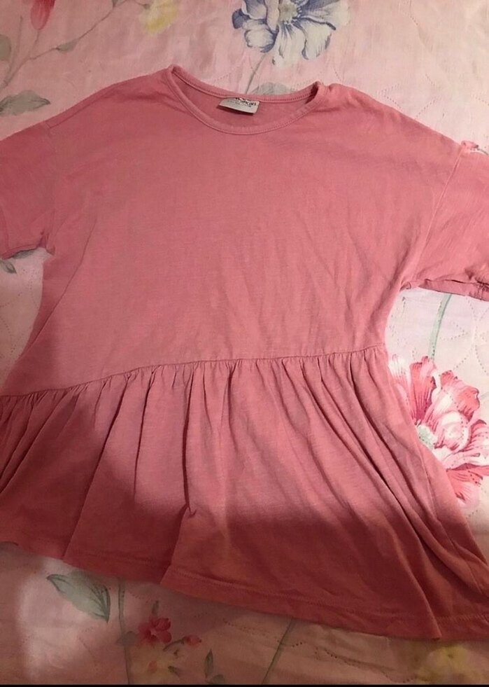 Kız Çocuk Pembe Keten Kısa Kollu Bluz - Görsel 2