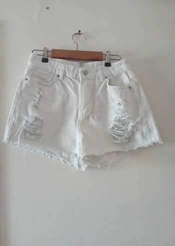 Diğer Beyaz Kadın Yırtık Mini Denim Şort