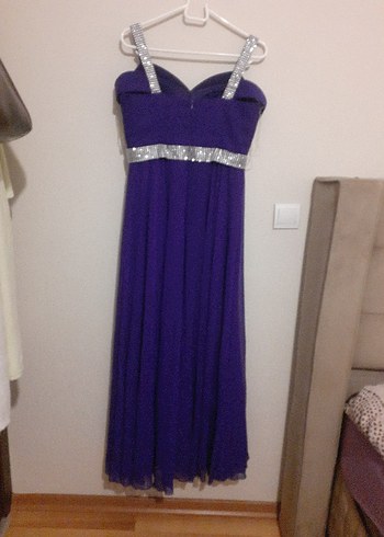 Mor Uzun Drapeli Straplez Abiye Elbise - Görsel 5