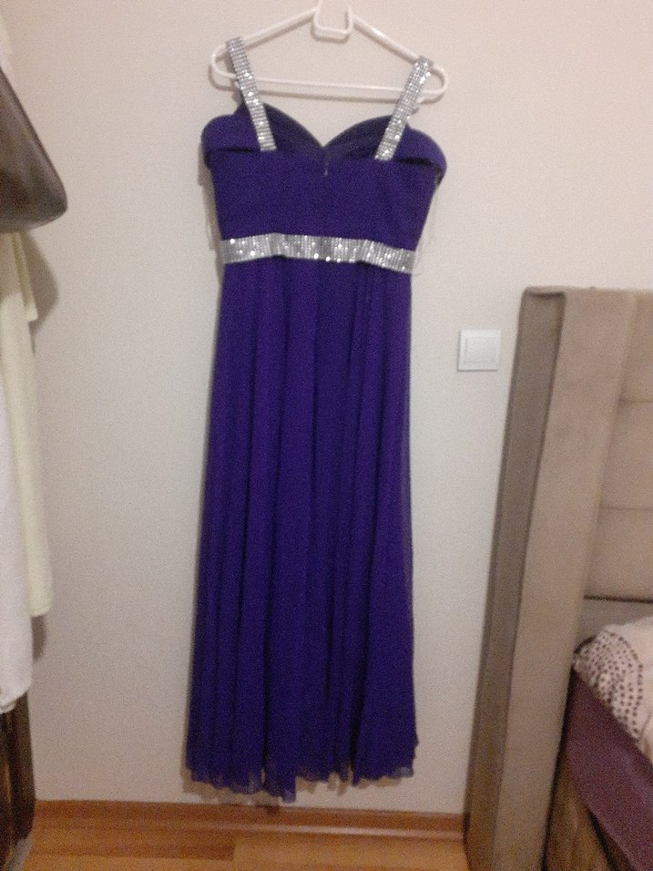 Mor Uzun Drapeli Straplez Abiye Elbise - Görsel 5