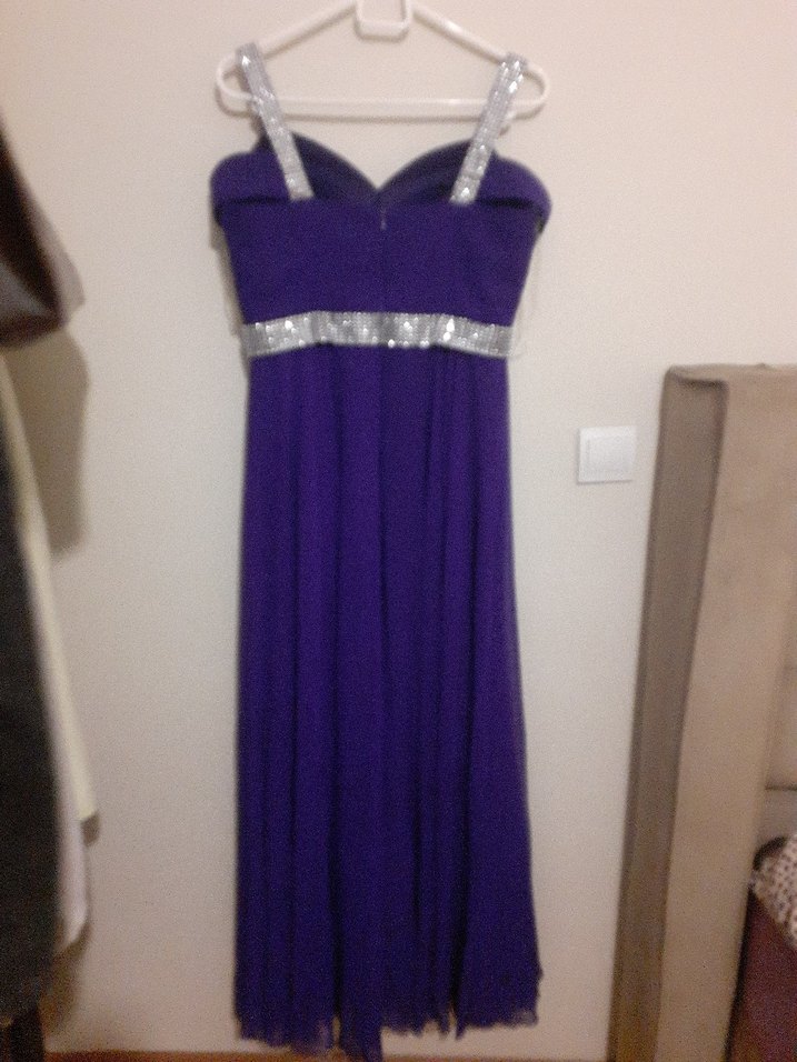 Mor Uzun Drapeli Straplez Abiye Elbise - Görsel 4