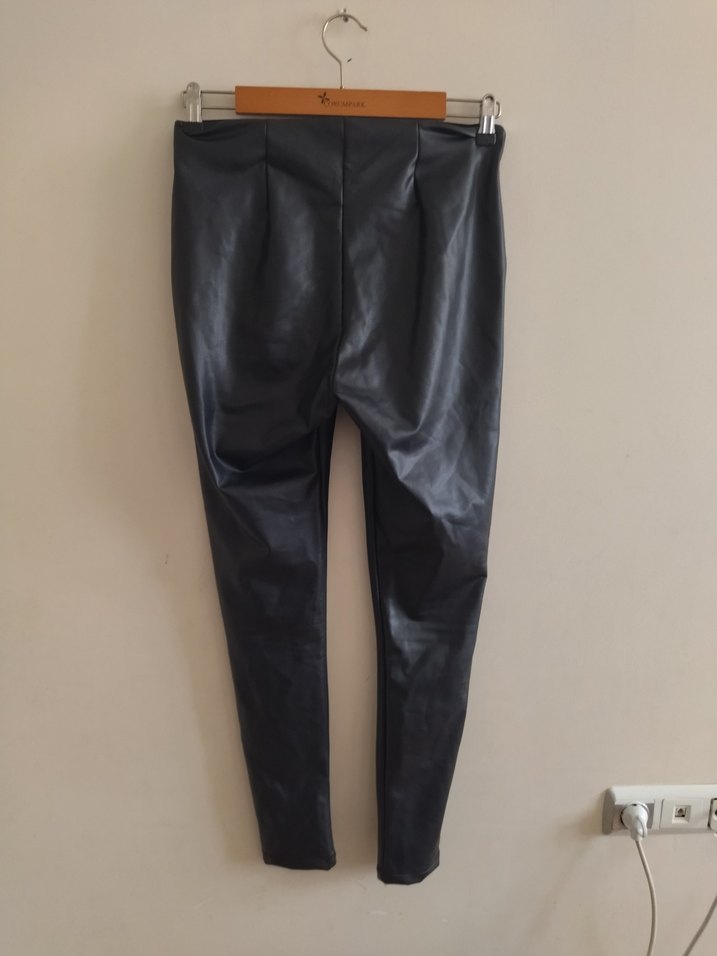 Siyah Deri Pilili Dar Kesim Kadın Pantolon - Görsel 5