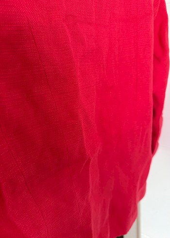 Düğmeli Kırmızı Keten Vintage Kadın Ceket - Görsel 3