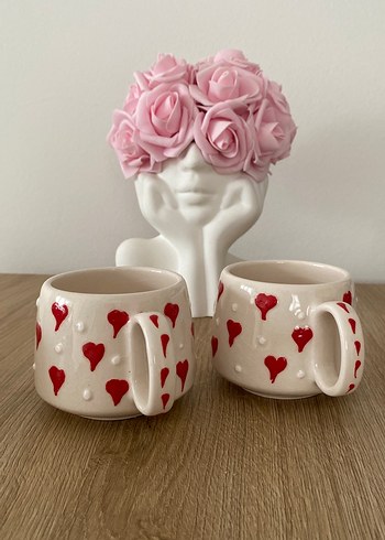 Paşabahçe Kırmızı Kalp Desenli Pembe Seramik Kupa