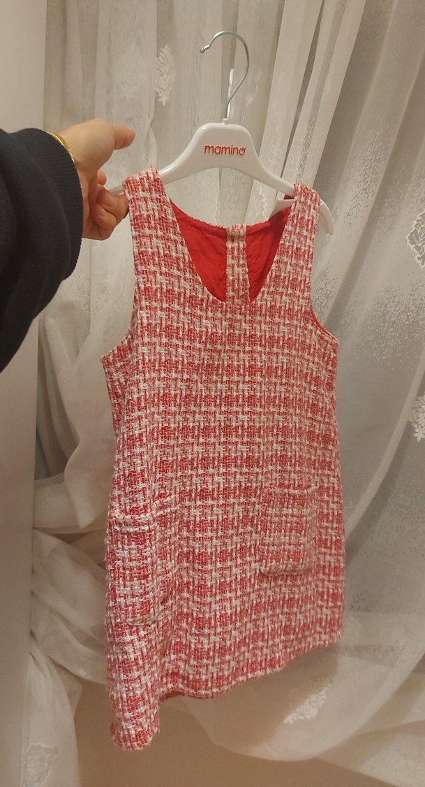 Kız Çocuk Kırmızı Triko V Yakalı Elbise - Görsel 2