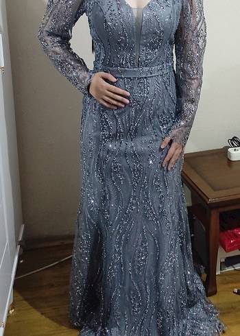 Gri İşlemeli Uzun Abiye Elbise - Görsel 5