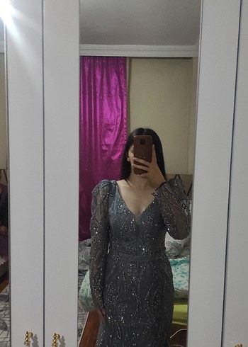 Gri İşlemeli Uzun Abiye Elbise - Görsel 6