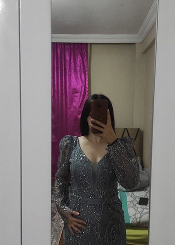 Gri İşlemeli Uzun Abiye Elbise - Görsel 8