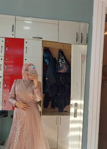 Pembe İşlemeli Uzun Kollu Uzun Abiye Elbise - Görsel 7