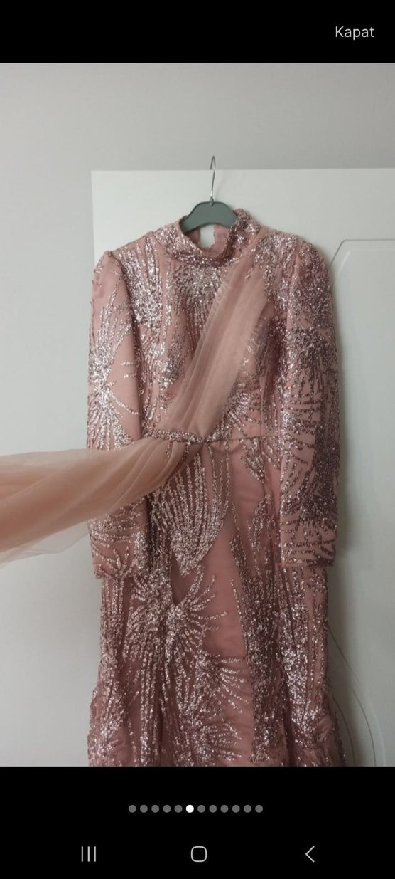 Pembe İşlemeli Uzun Kollu Uzun Abiye Elbise - Görsel 2