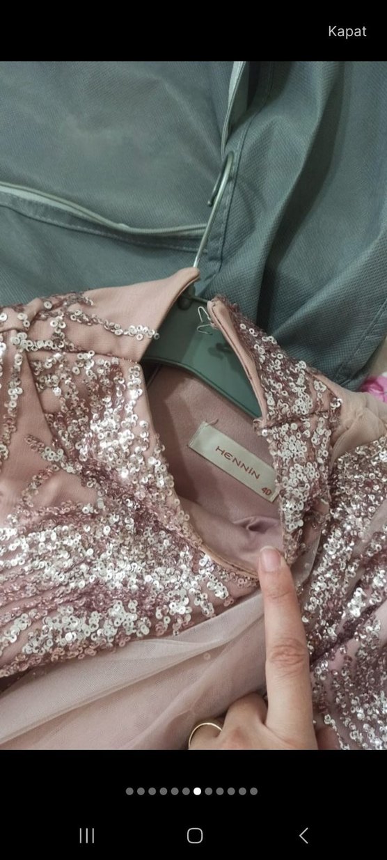 Pembe İşlemeli Uzun Kollu Uzun Abiye Elbise - Görsel 3