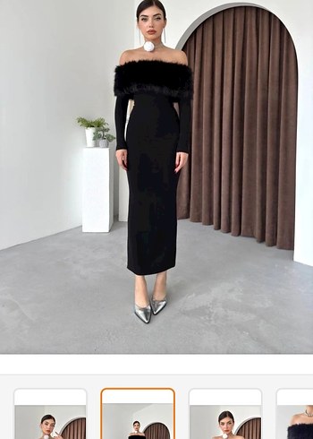 Kürk Detaylı Siyah Uzun Kollu Elbise - Görsel 3