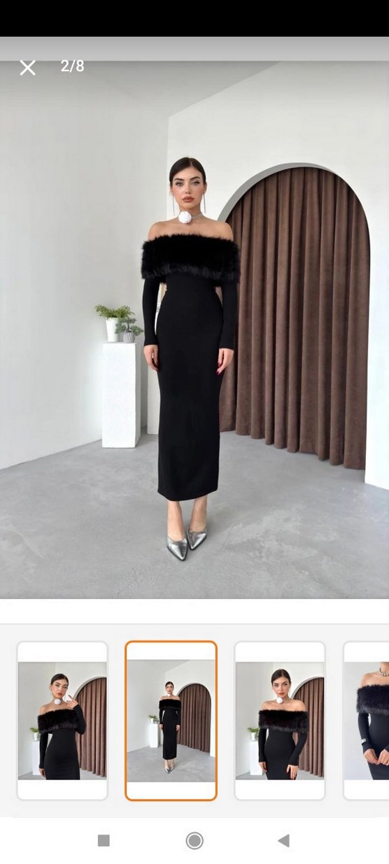 Kürk Detaylı Siyah Uzun Kollu Elbise - Görsel 3