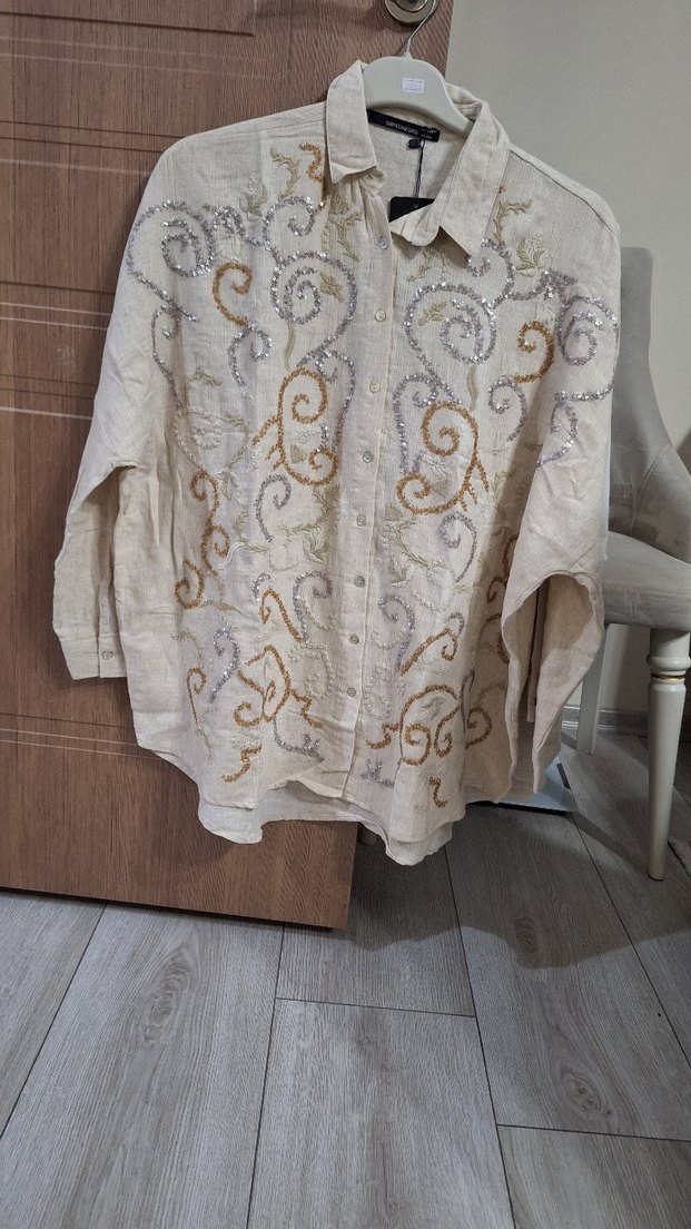 Nakışlı  Keten Kadın Gömlek - Görsel 2