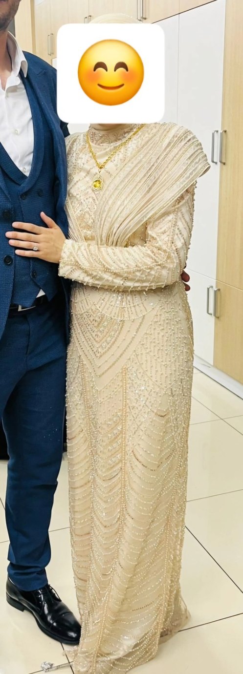 Altın Renk Uzun Kollu Drapeli Abiye Elbise - Görsel 2