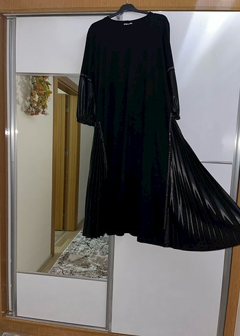 Siyah Uzun Deri Detayli Elbise - Görsel 2