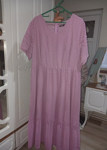 Zara Pembe V Yaka Keten Midi Elbise