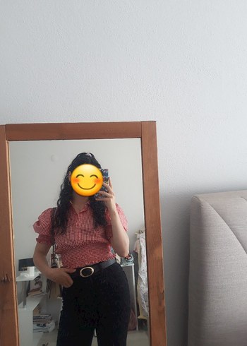 Diğer kırmızı pötikare gömlek bluz