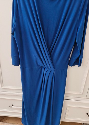 Uzun Kollu Drapeli Koyu Mavi Kadın Elbise - Görsel 9